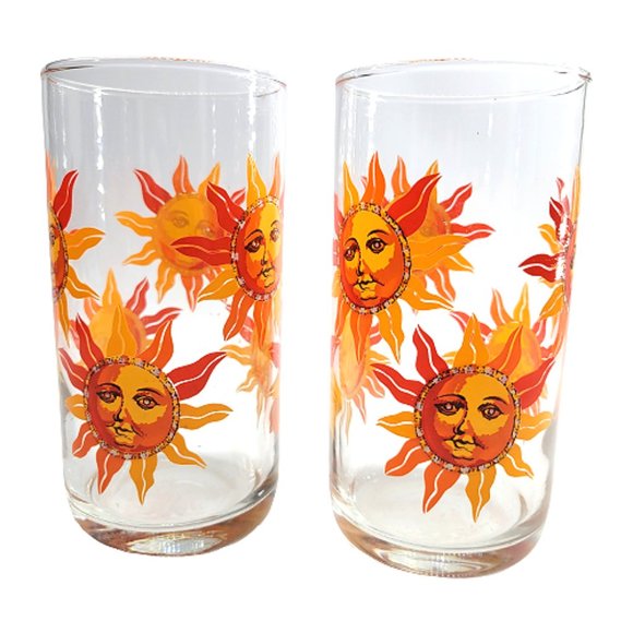 Vtg Libbey Celestial Orange Sun Sunshine Face Highball Tall Tumbler Glasses 5¾" - Picture 8 of 8